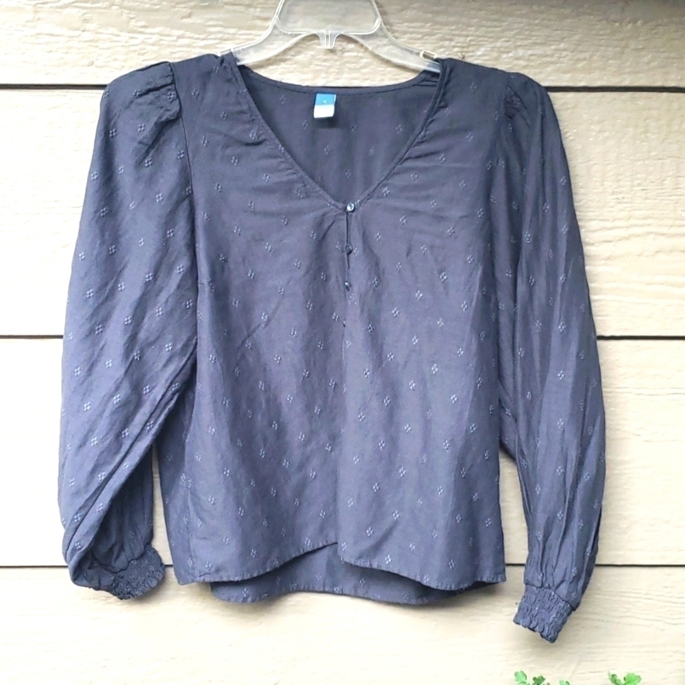 Old Navy black button blouse swiss dot puff M